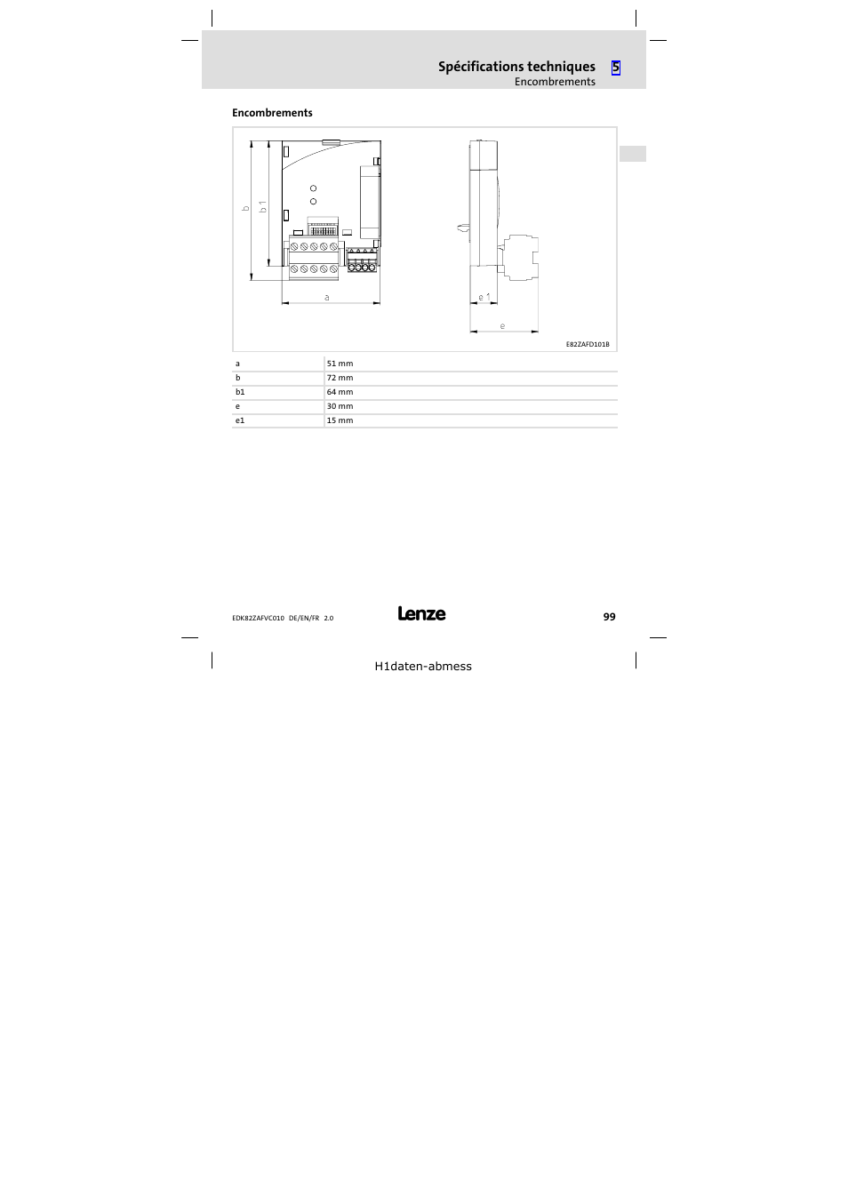 Encombrements, Spécifications techniques | Lenze E82ZAFVC010 User Manual | Page 99 / 100