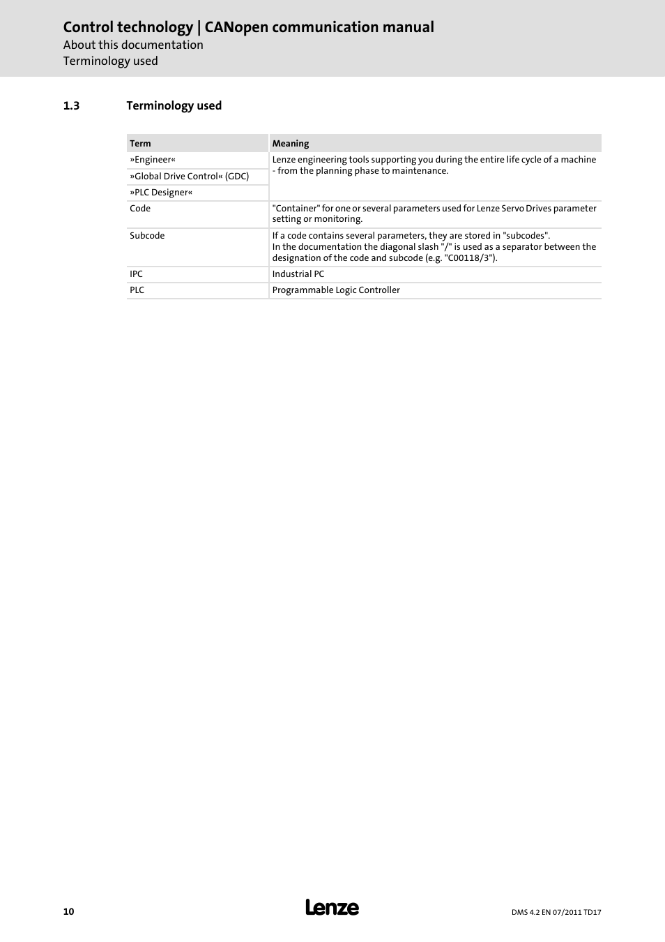 3 terminology used, Terminology used, Control technology | canopen communication manual | Lenze CANopen control technology User Manual | Page 10 / 105
