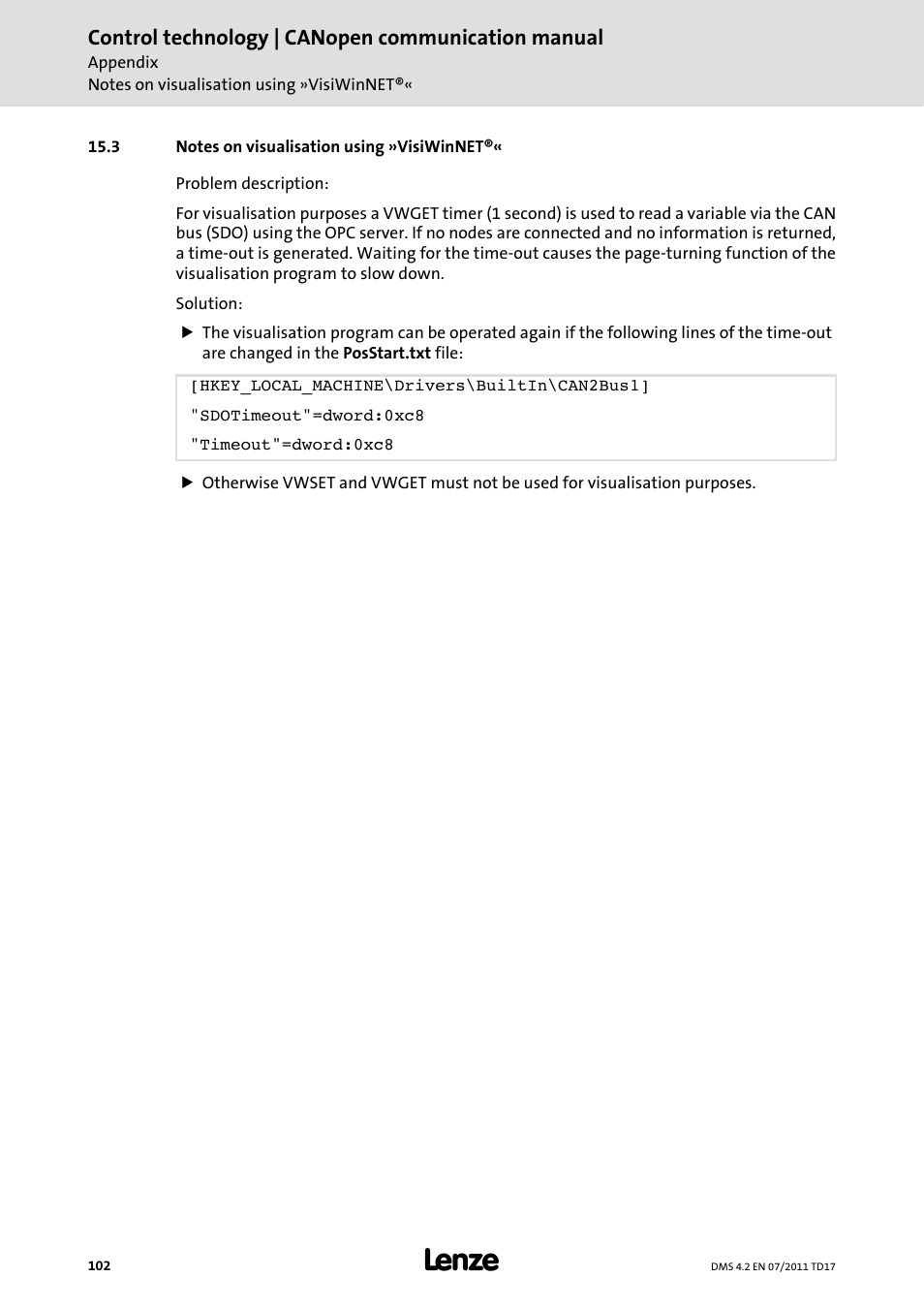 3 notes on visualisation using »visiwinnet, Notes on visualisation using »visiwinnet | Lenze CANopen control technology User Manual | Page 102 / 105