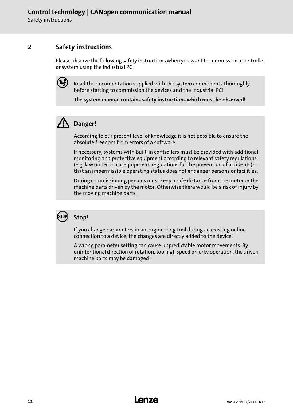 2 safety instructions, Safety instructions | Lenze CANopen control technology User Manual | Page 12 / 105