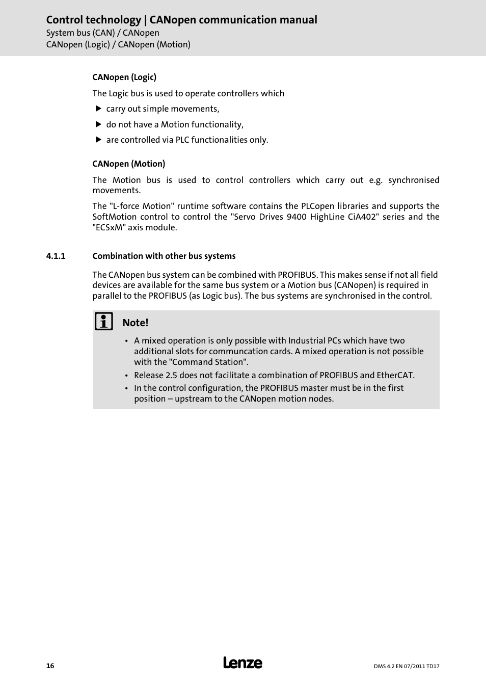 1 combination with other bus systems, Combination with other bus systems | Lenze CANopen control technology User Manual | Page 16 / 105