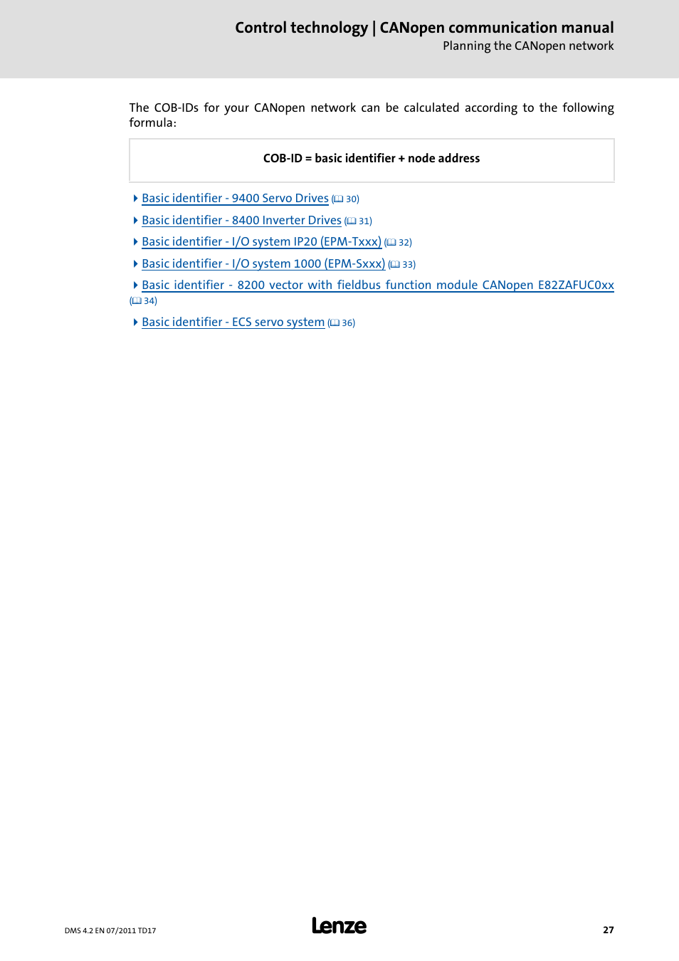 Control technology | canopen communication manual | Lenze CANopen control technology User Manual | Page 27 / 105