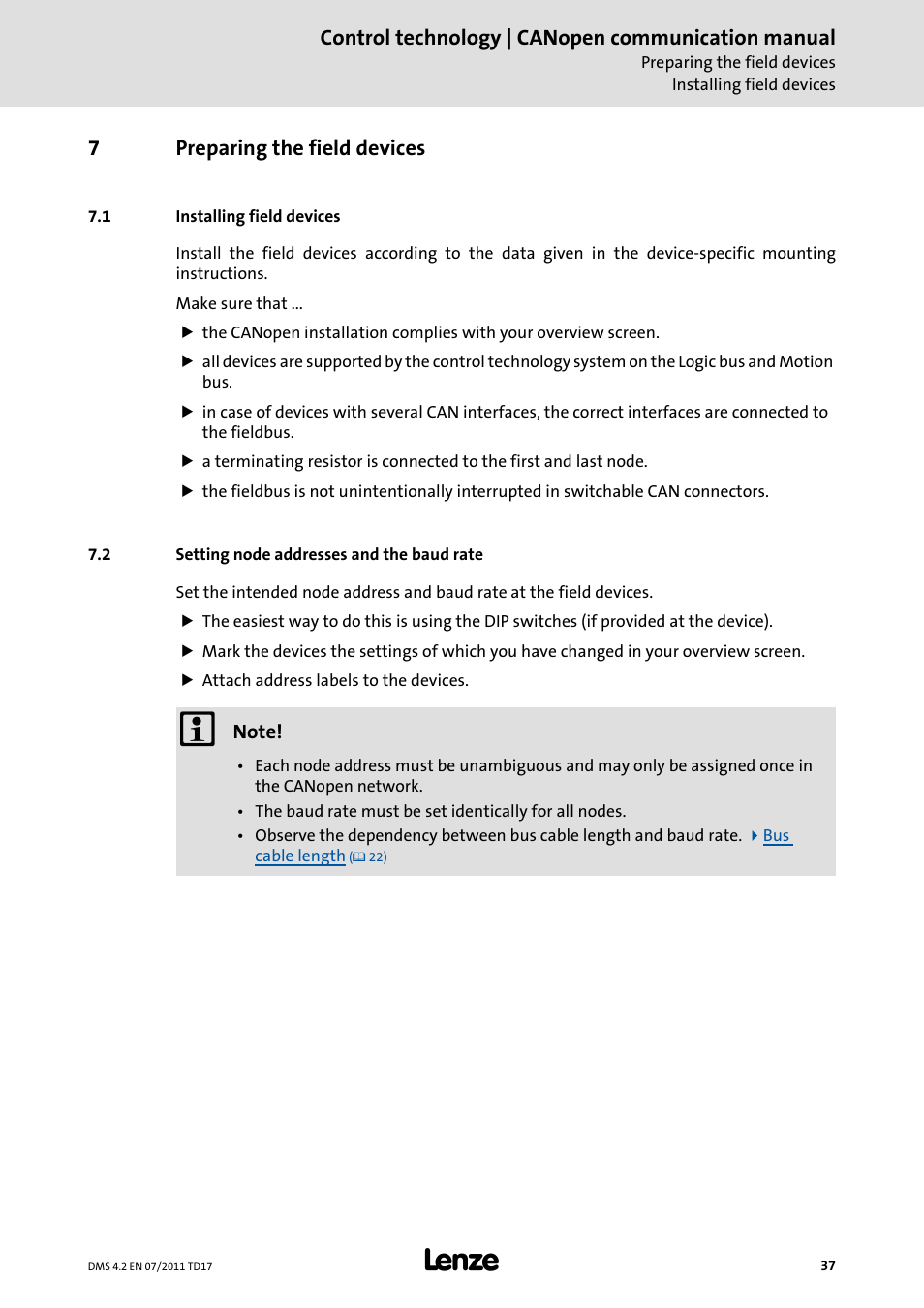 7 preparing the field devices, 1 installing field devices, 2 setting node addresses and the baud rate | Preparing the field devices, Installing field devices, Setting node addresses and the baud rate | Lenze CANopen control technology User Manual | Page 37 / 105