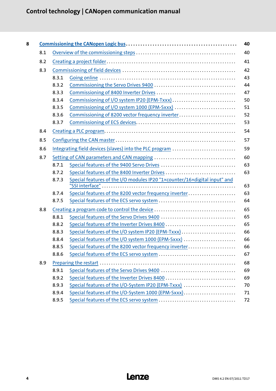 Control technology | canopen communication manual | Lenze CANopen control technology User Manual | Page 4 / 105