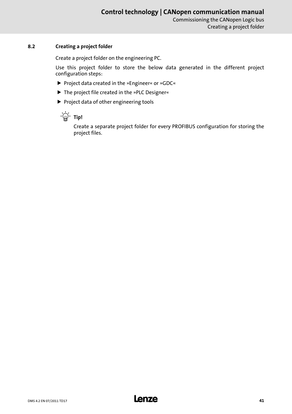2 creating a project folder, Creating a project folder, Creating a project folder ( 41) | Lenze CANopen control technology User Manual | Page 41 / 105