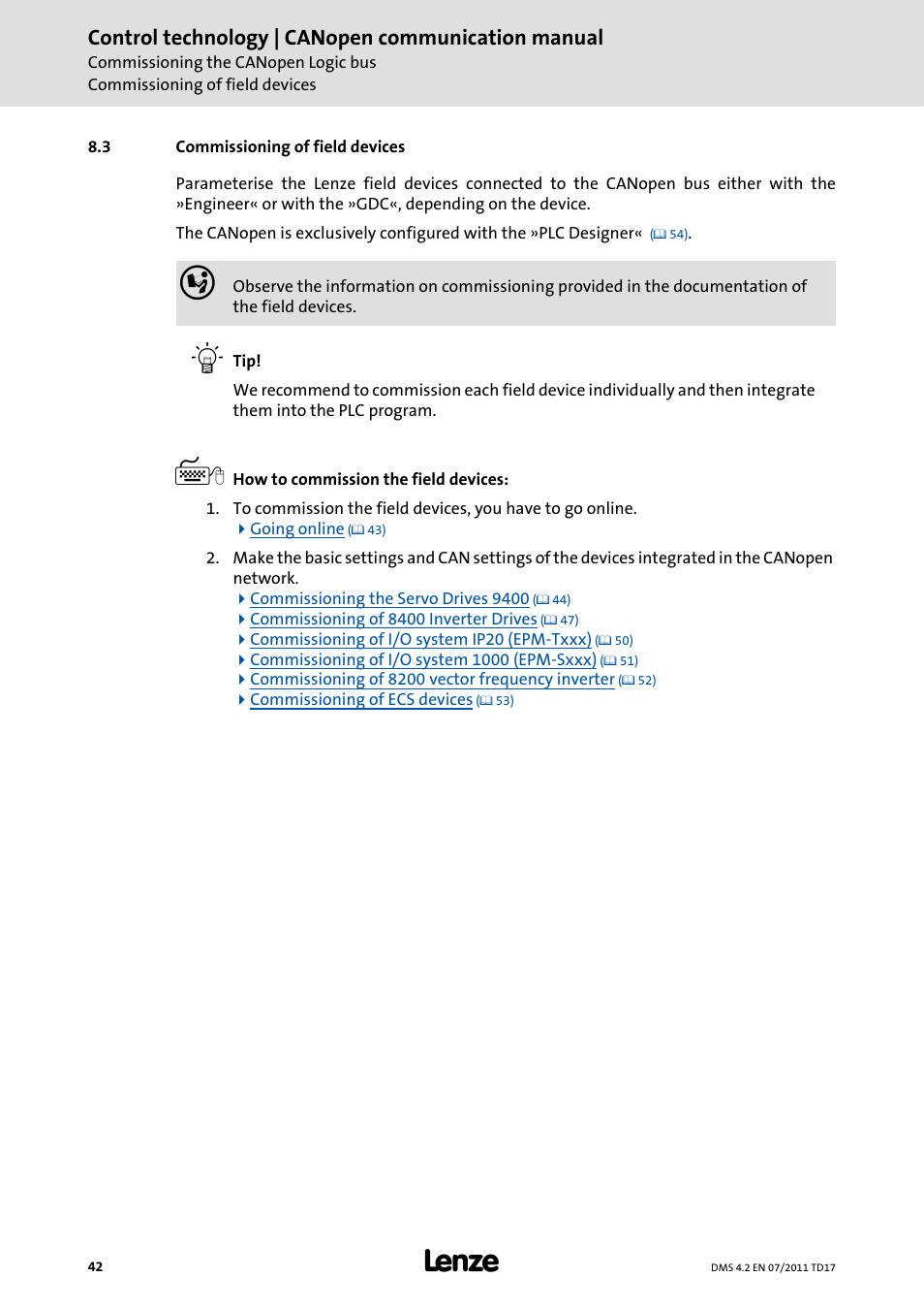 3 commissioning of field devices, Commissioning of field devices, Commissioning of field devices ( 42) | Control technology | canopen communication manual | Lenze CANopen control technology User Manual | Page 42 / 105