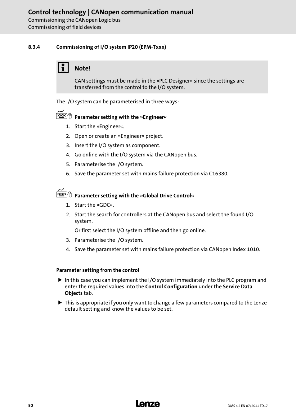4 commissioning of i/o system ip20 (epm-txxx), Commissioning of i/o system ip20 (epm-txxx), Commissioning of i/o system ip20 (epm-txxx) ( 50) | Lenze CANopen control technology User Manual | Page 50 / 105