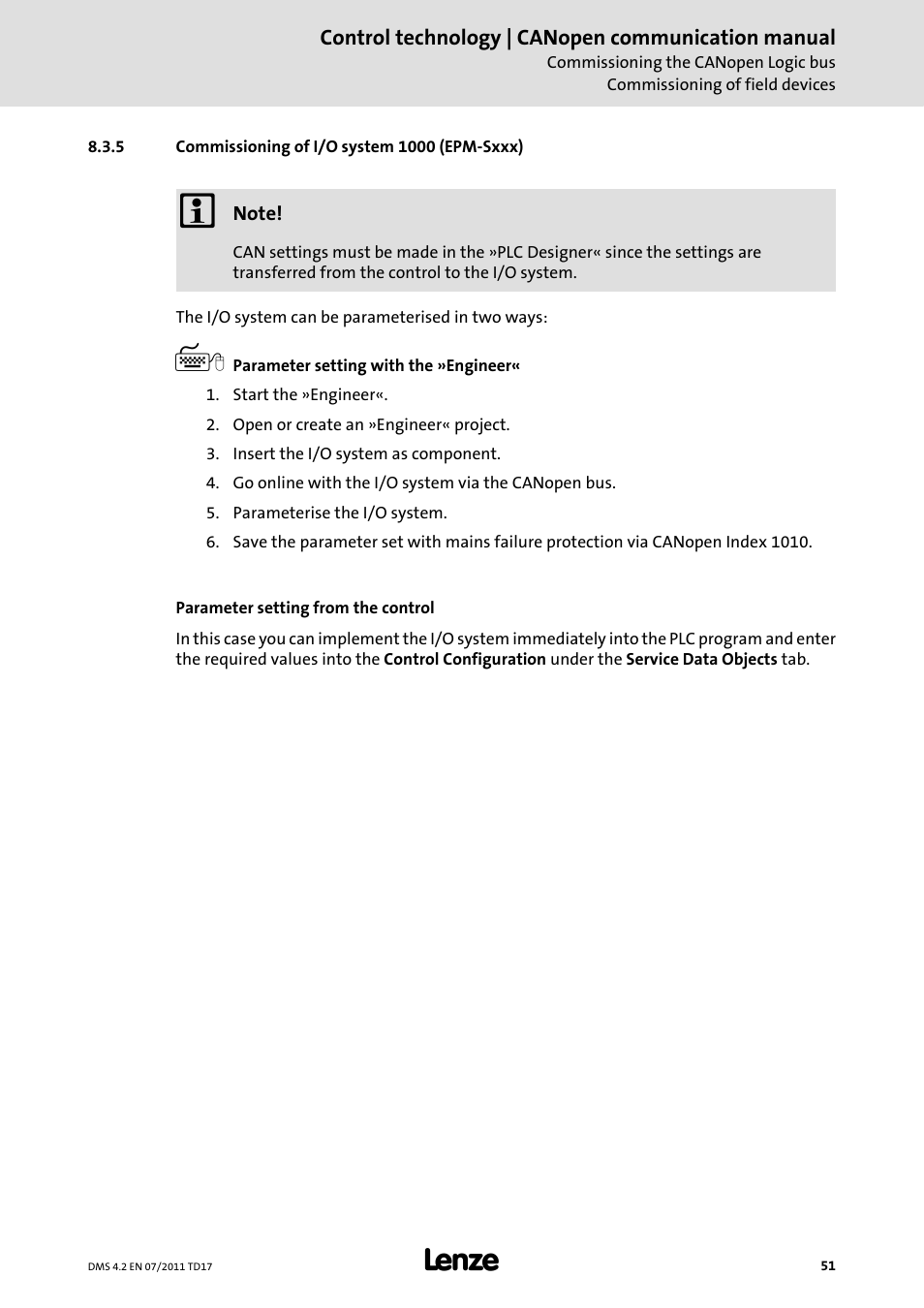 5 commissioning of i/o system 1000 (epm-sxxx), Commissioning of i/o system 1000 (epm-sxxx), Commissioning of i/o system 1000 (epm-sxxx) ( 51) | Lenze CANopen control technology User Manual | Page 51 / 105