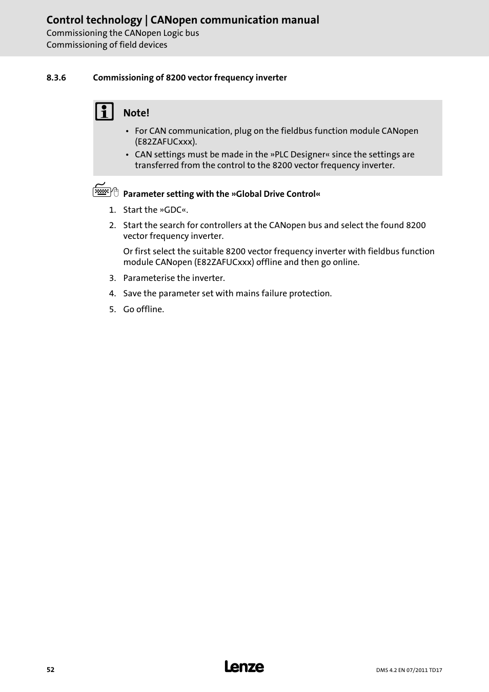 6 commissioning of 8200 vector frequency inverter, Commissioning of 8200 vector frequency inverter | Lenze CANopen control technology User Manual | Page 52 / 105