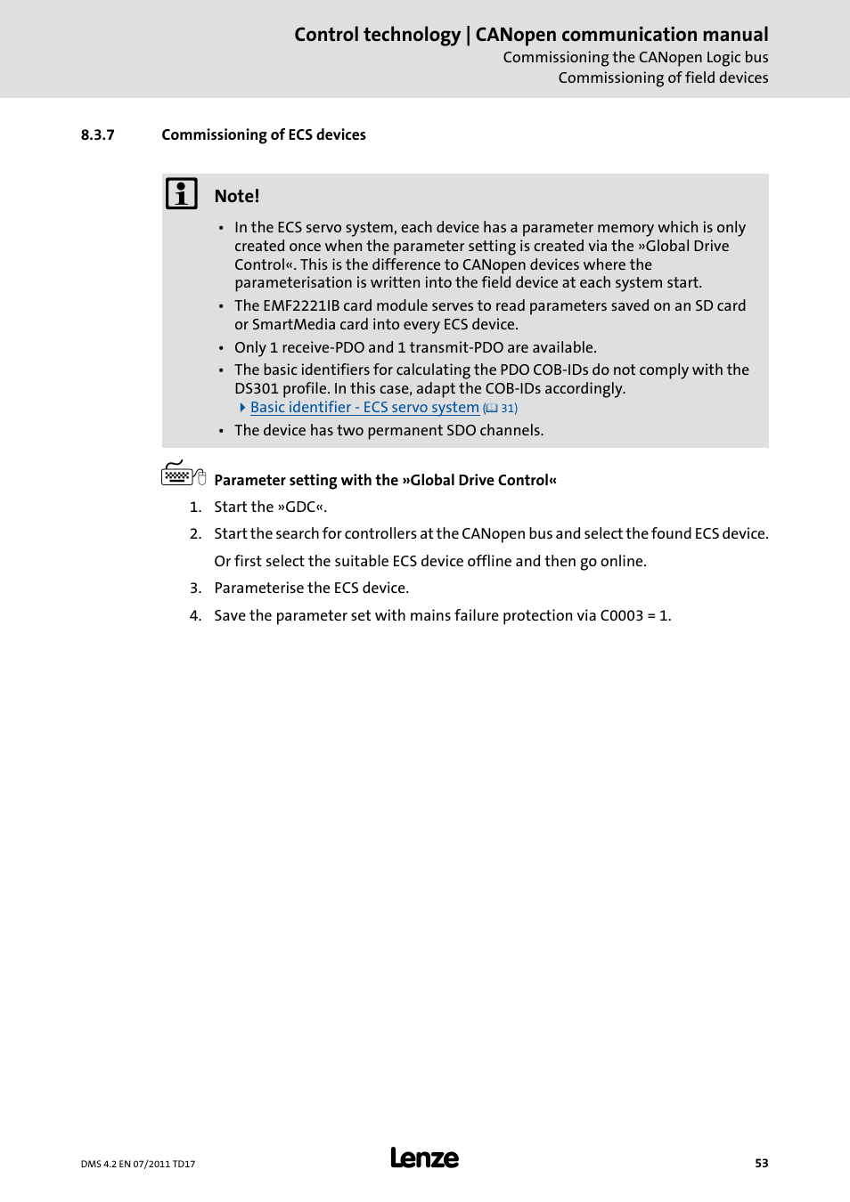 7 commissioning of ecs devices, Commissioning of ecs devices, Commissioning of ecs devices ( 53) | Lenze CANopen control technology User Manual | Page 53 / 105