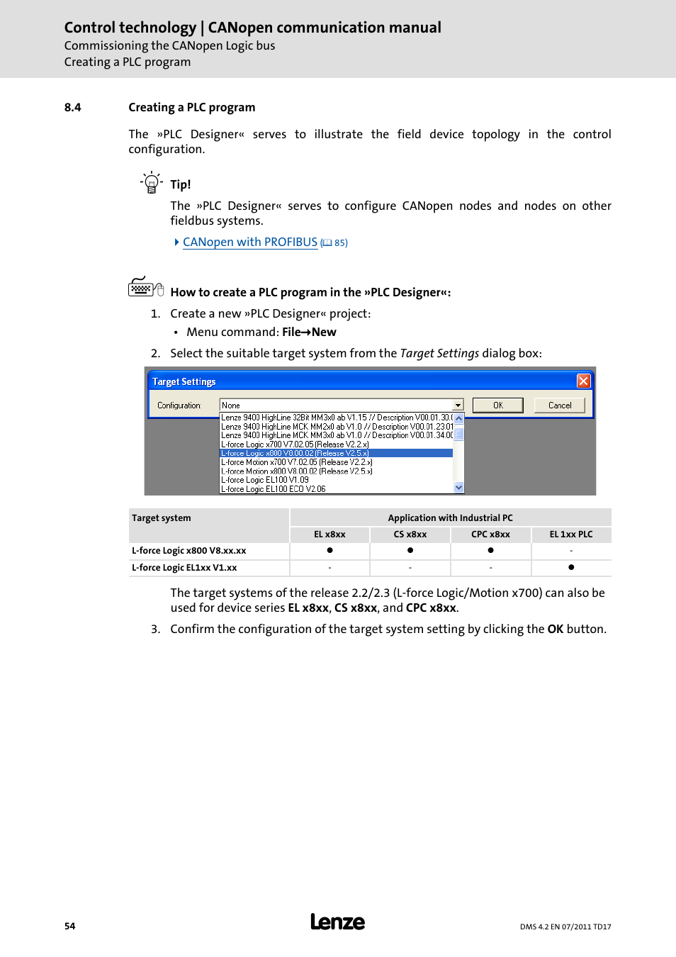 4 creating a plc program, Creating a plc program, Creating a plc program ( 54) | The »plc designer, Control technology | canopen communication manual | Lenze CANopen control technology User Manual | Page 54 / 105