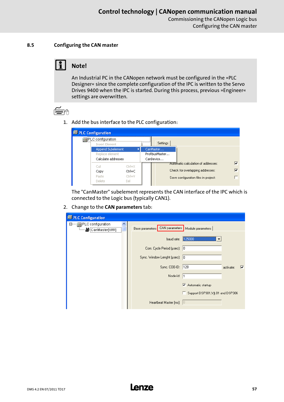 5 configuring the can master, Configuring the can master, Configuring the can master ( 57) | Lenze CANopen control technology User Manual | Page 57 / 105