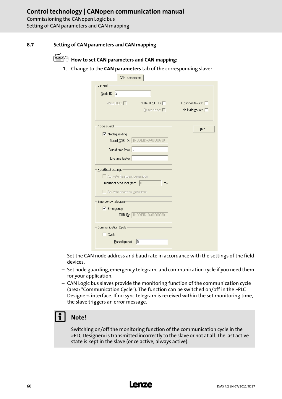 7 setting of can parameters and can mapping, Setting of can parameters and can mapping, Setting of can parameters and can mapping ( 60) | Lenze CANopen control technology User Manual | Page 60 / 105