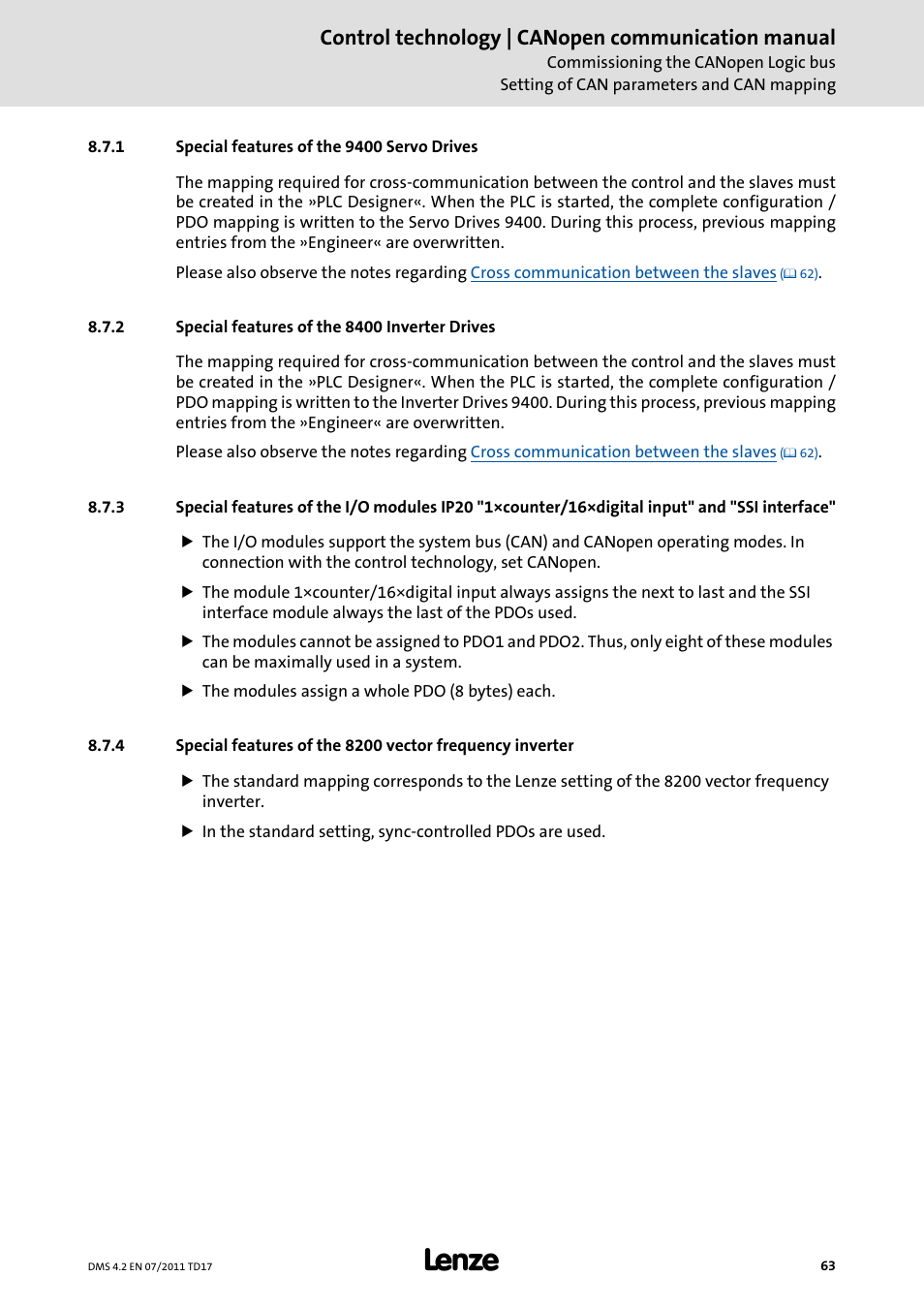 1 special features of the 9400 servo drives, 2 special features of the 8400 inverter drives, Special features of the 9400 servo drives | Special features of the 8400 inverter drives, Ssi interface, Control technology | canopen communication manual | Lenze CANopen control technology User Manual | Page 63 / 105