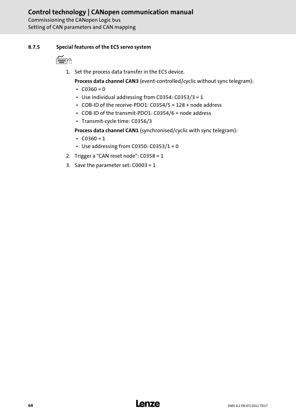 5 special features of the ecs servo system, Special features of the ecs servo system | Lenze CANopen control technology User Manual | Page 64 / 105