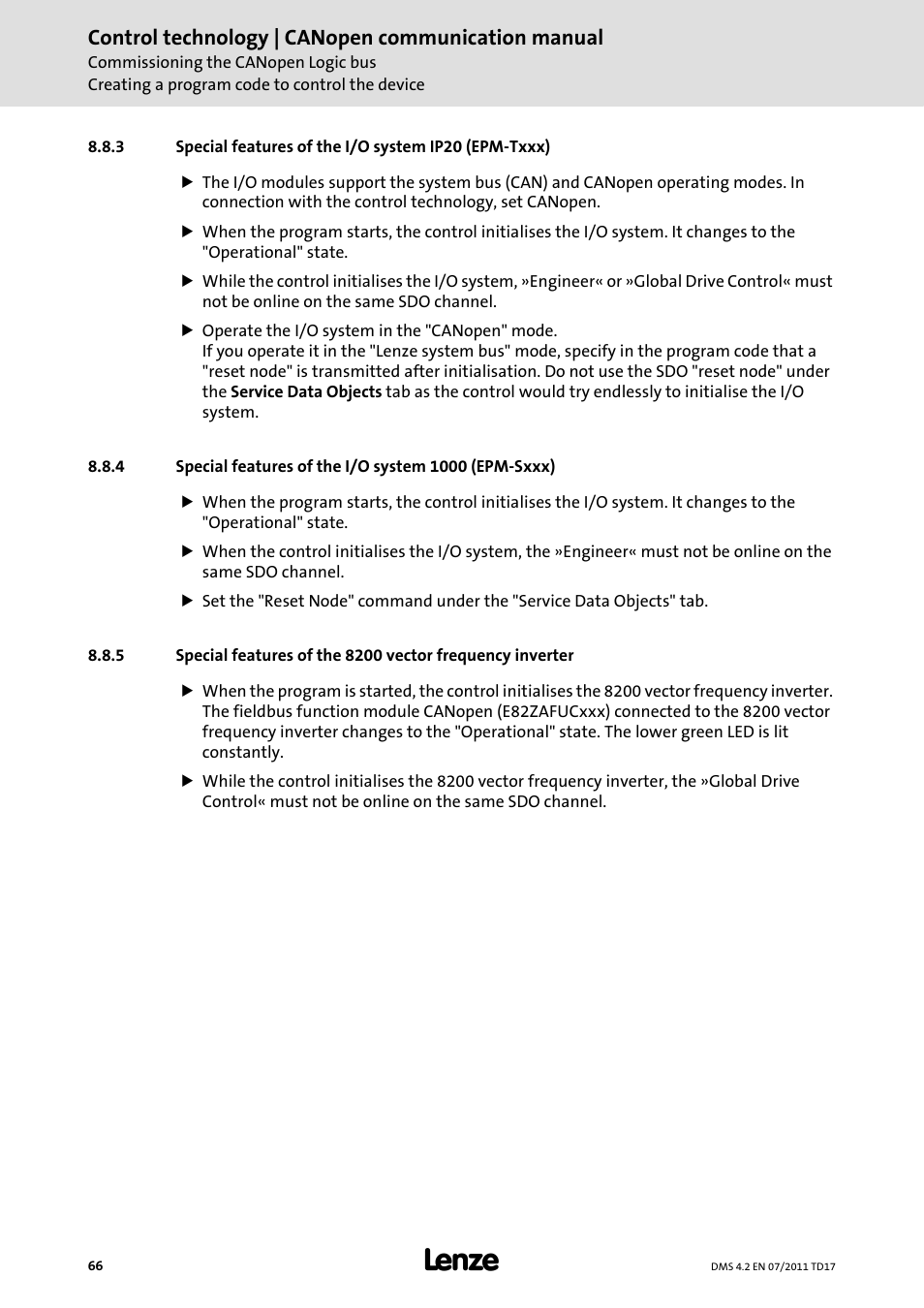 Special features of the i/o system ip20 (epm-txxx), Special features of the i/o system 1000 (epm-sxxx), Control technology | canopen communication manual | Lenze CANopen control technology User Manual | Page 66 / 105