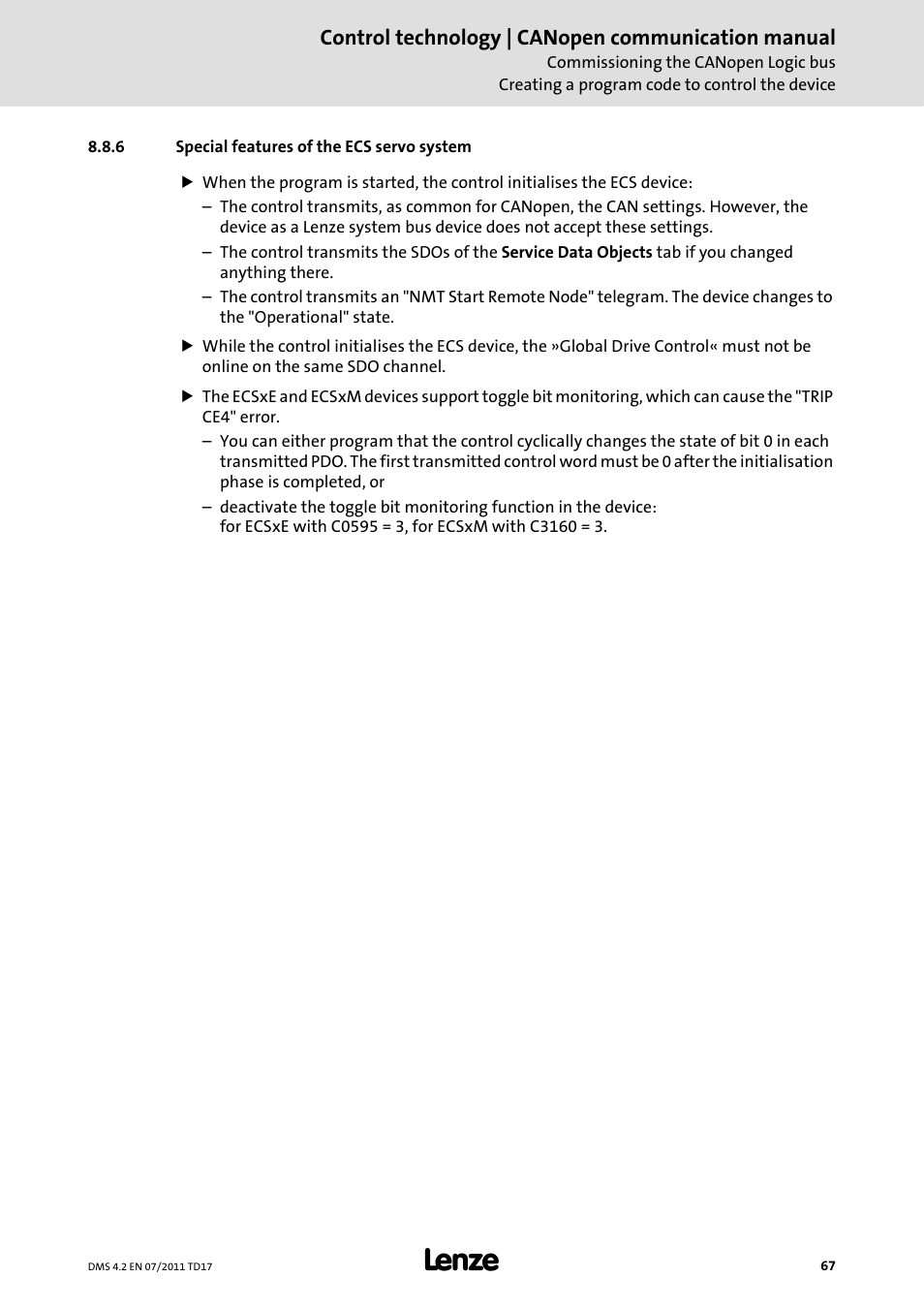 6 special features of the ecs servo system, Special features of the ecs servo system, Control technology | canopen communication manual | Lenze CANopen control technology User Manual | Page 67 / 105