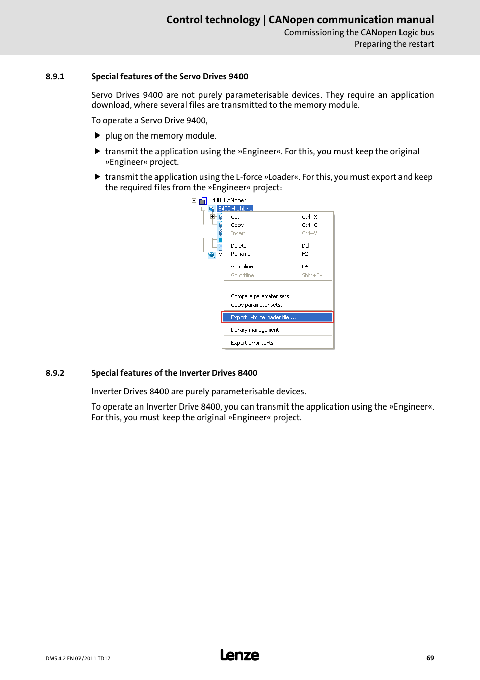 1 special features of the servo drives 9400, 2 special features of the inverter drives 8400, Special features of the servo drives 9400 | Special features of the inverter drives 8400 | Lenze CANopen control technology User Manual | Page 69 / 105