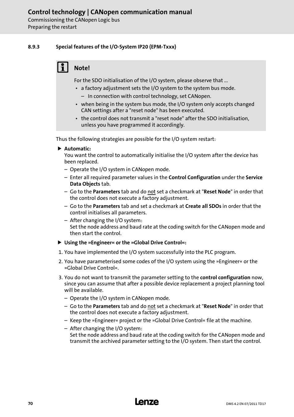 Special features of the i/o-system ip20 (epm-txxx), Control technology | canopen communication manual | Lenze CANopen control technology User Manual | Page 70 / 105