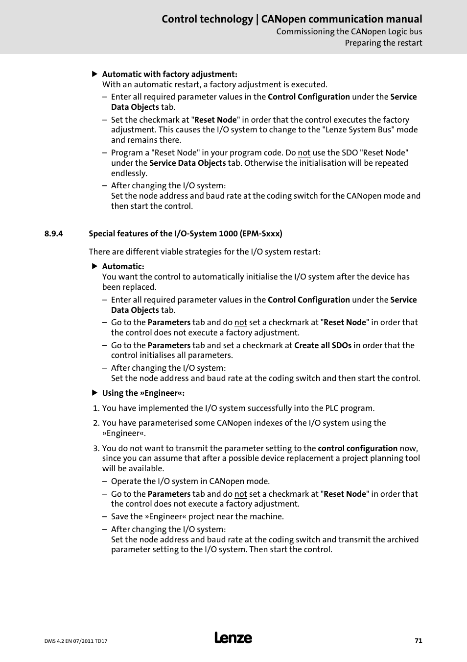 Special features of the i/o-system 1000 (epm-sxxx), Control technology | canopen communication manual | Lenze CANopen control technology User Manual | Page 71 / 105