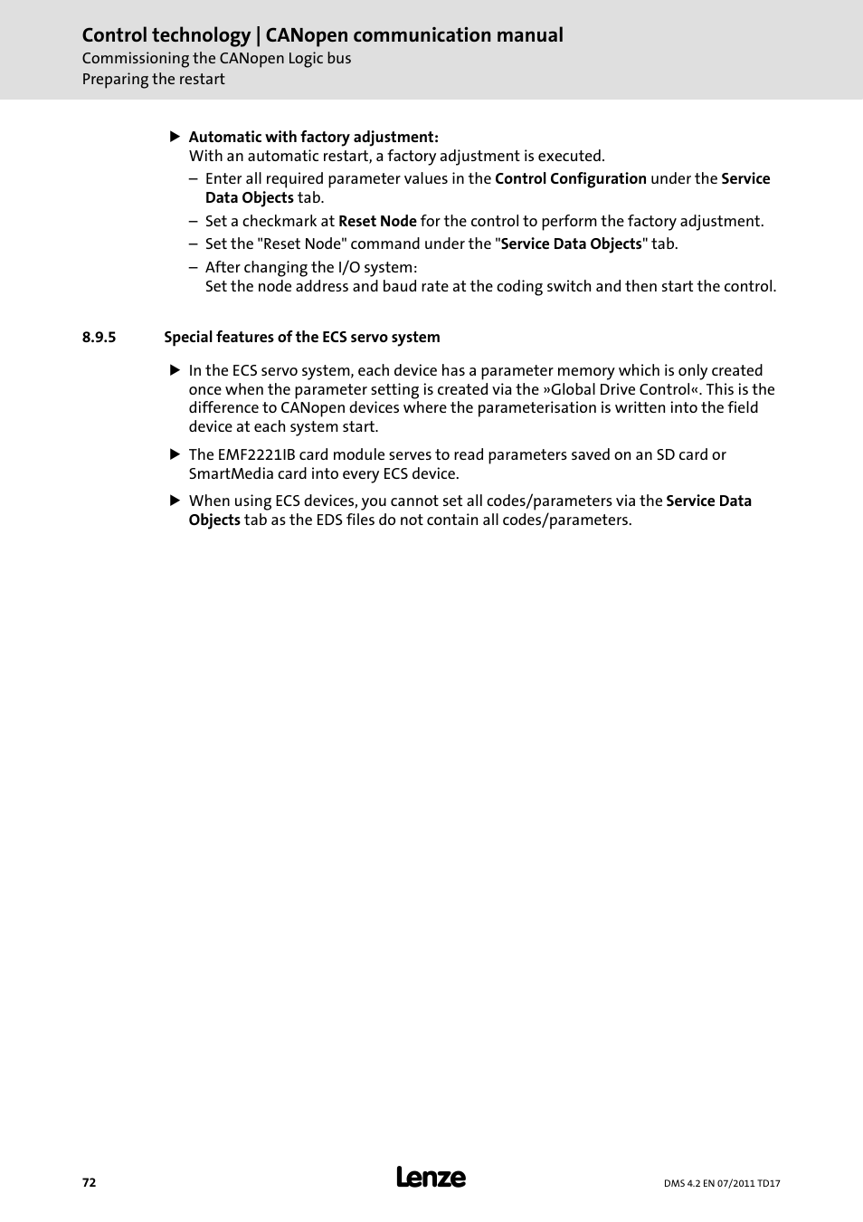 5 special features of the ecs servo system, Special features of the ecs servo system, Control technology | canopen communication manual | Lenze CANopen control technology User Manual | Page 72 / 105