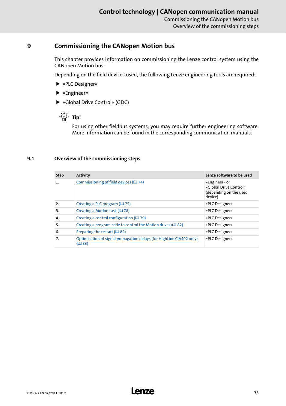 9 commissioning the canopen motion bus, 1 overview of the commissioning steps, Commissioning the canopen motion bus | Overview of the commissioning steps, Control technology | canopen communication manual, 9commissioning the canopen motion bus | Lenze CANopen control technology User Manual | Page 73 / 105