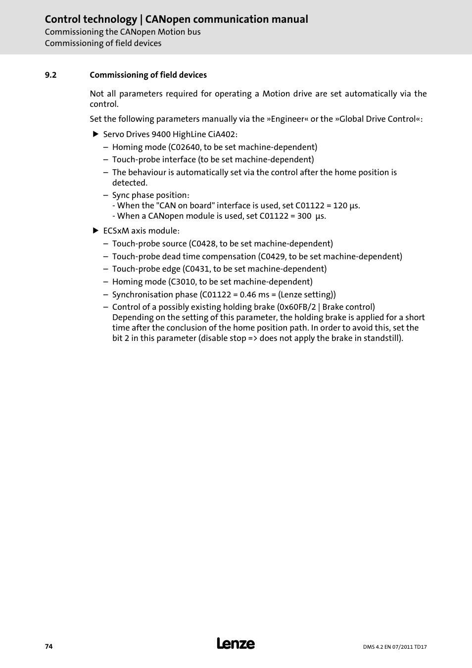 2 commissioning of field devices, Commissioning of field devices, Commissioning of field devices ( 74) | Control technology | canopen communication manual | Lenze CANopen control technology User Manual | Page 74 / 105