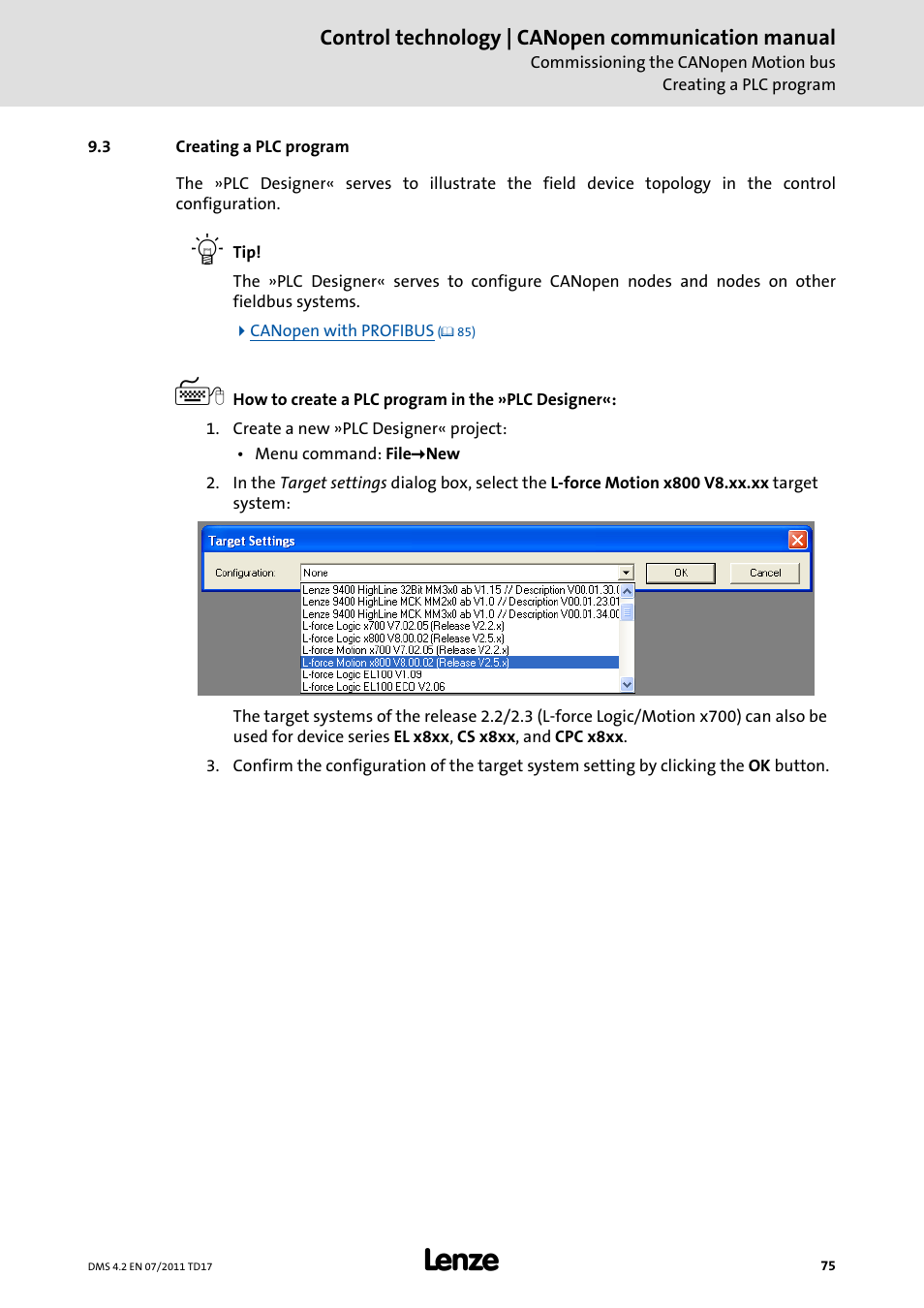 3 creating a plc program, Creating a plc program, Creating a plc program ( 75) | Lenze CANopen control technology User Manual | Page 75 / 105