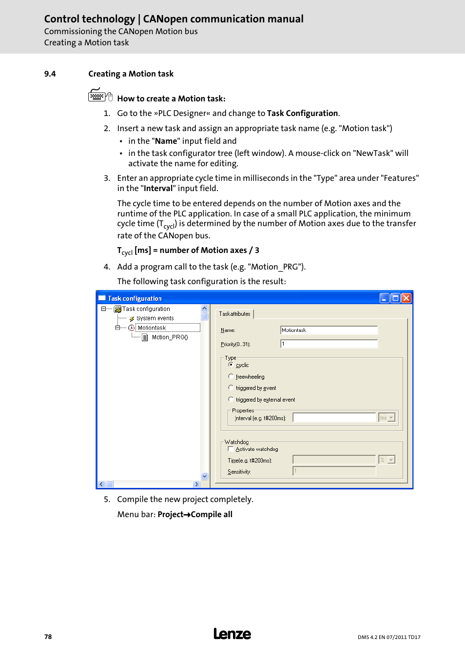 4 creating a motion task, Creating a motion task, Creating a motion task ( 78) | Lenze CANopen control technology User Manual | Page 78 / 105