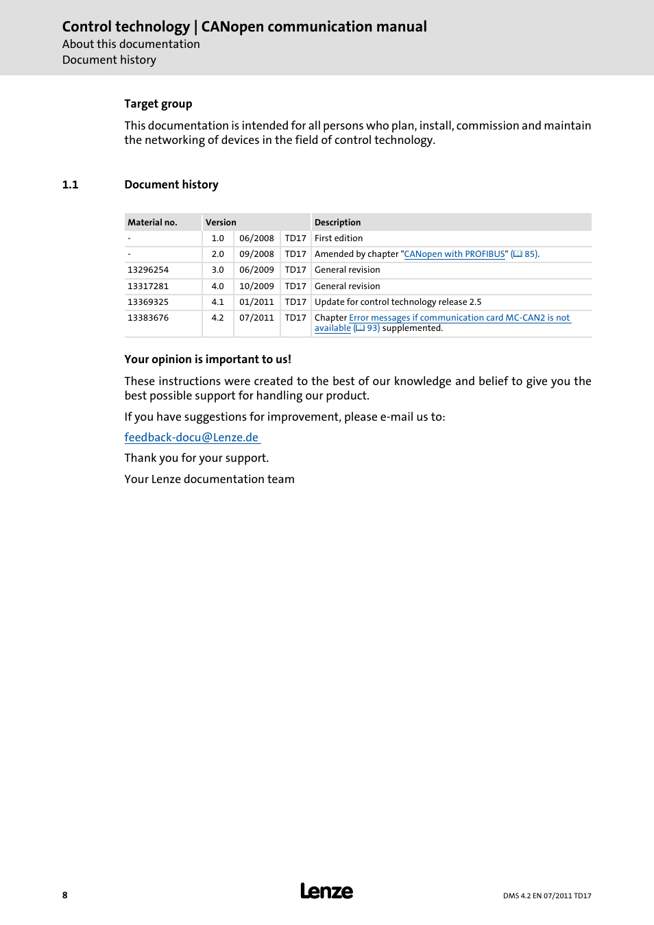 1 document history, Document history, Control technology | canopen communication manual | Lenze CANopen control technology User Manual | Page 8 / 105