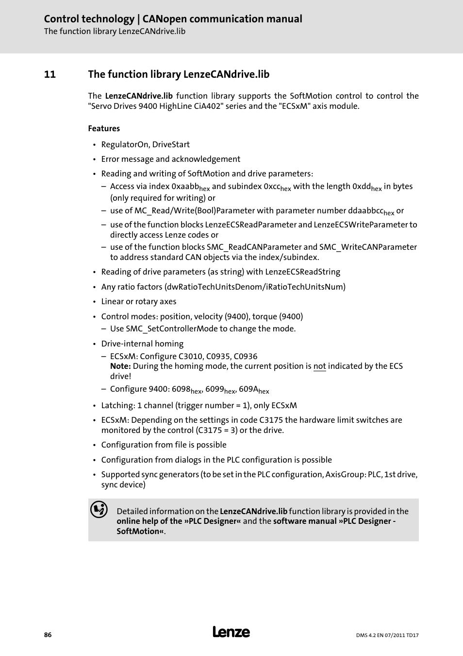 11 the function library lenzecandrive.lib, The function library lenzecandrive.lib, Control technology | canopen communication manual | Lenze CANopen control technology User Manual | Page 86 / 105