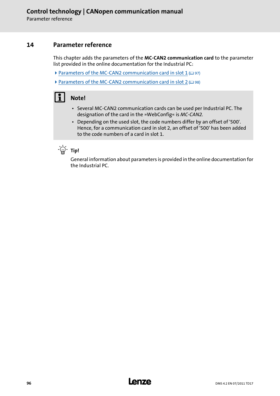14 parameter reference, Parameter reference | Lenze CANopen control technology User Manual | Page 96 / 105