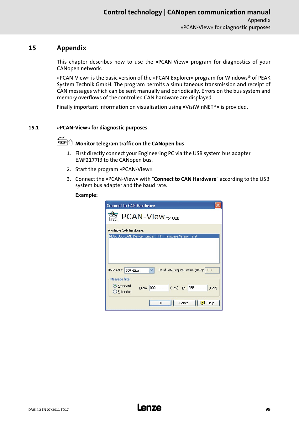 15 appendix, 1 »pcan-view« for diagnostic purposes, Appendix | Pcan-view« for diagnostic purposes | Lenze CANopen control technology User Manual | Page 99 / 105