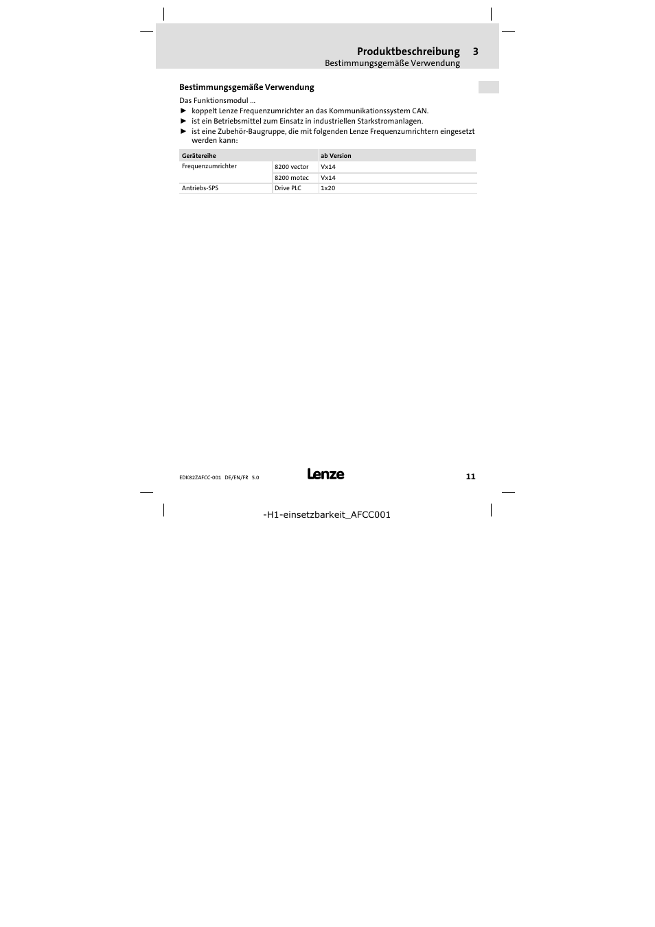 3 produktbeschreibung, Bestimmungsgemäße verwendung, Produktbeschreibung 11 | Produktbeschreibung | Lenze E82ZAFCC001 User Manual | Page 11 / 82