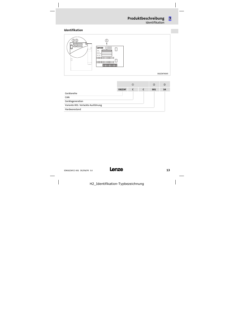 Identifikation, Produktbeschreibung | Lenze E82ZAFCC001 User Manual | Page 13 / 82