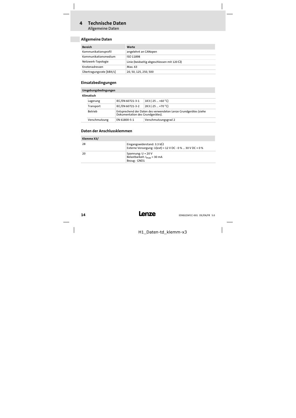 4 technische daten, Allgemeine daten, Einsatzbedingungen | Daten der anschlussklemmen, Technische daten, 4technische daten | Lenze E82ZAFCC001 User Manual | Page 14 / 82