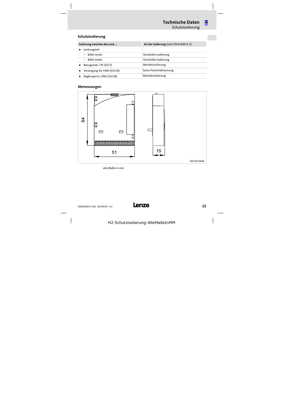 Schutzisolierung, Abmessungen, Technische daten | Lenze E82ZAFCC001 User Manual | Page 15 / 82