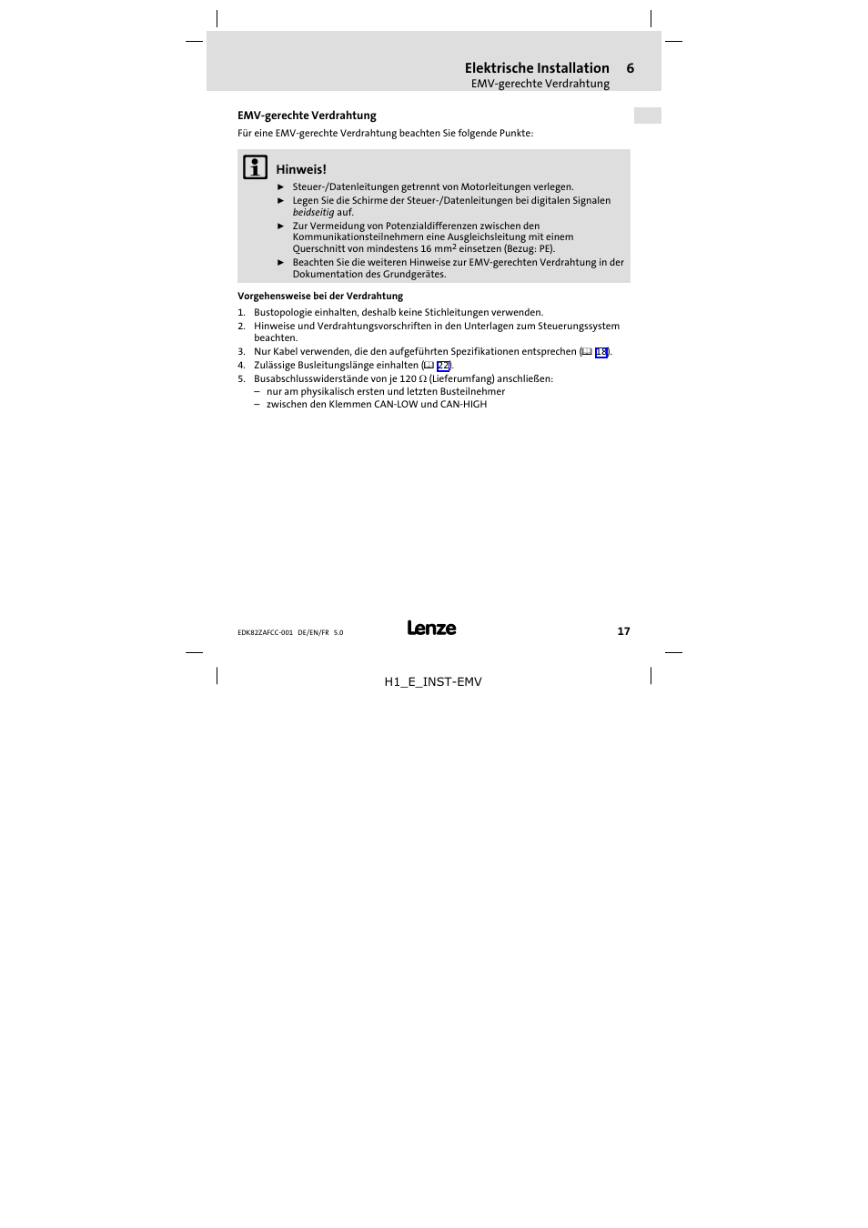 6 elektrische installation, Emv-gerechte verdrahtung, Elektrische installation | Emv−gerechte verdrahtung | Lenze E82ZAFCC001 User Manual | Page 17 / 82