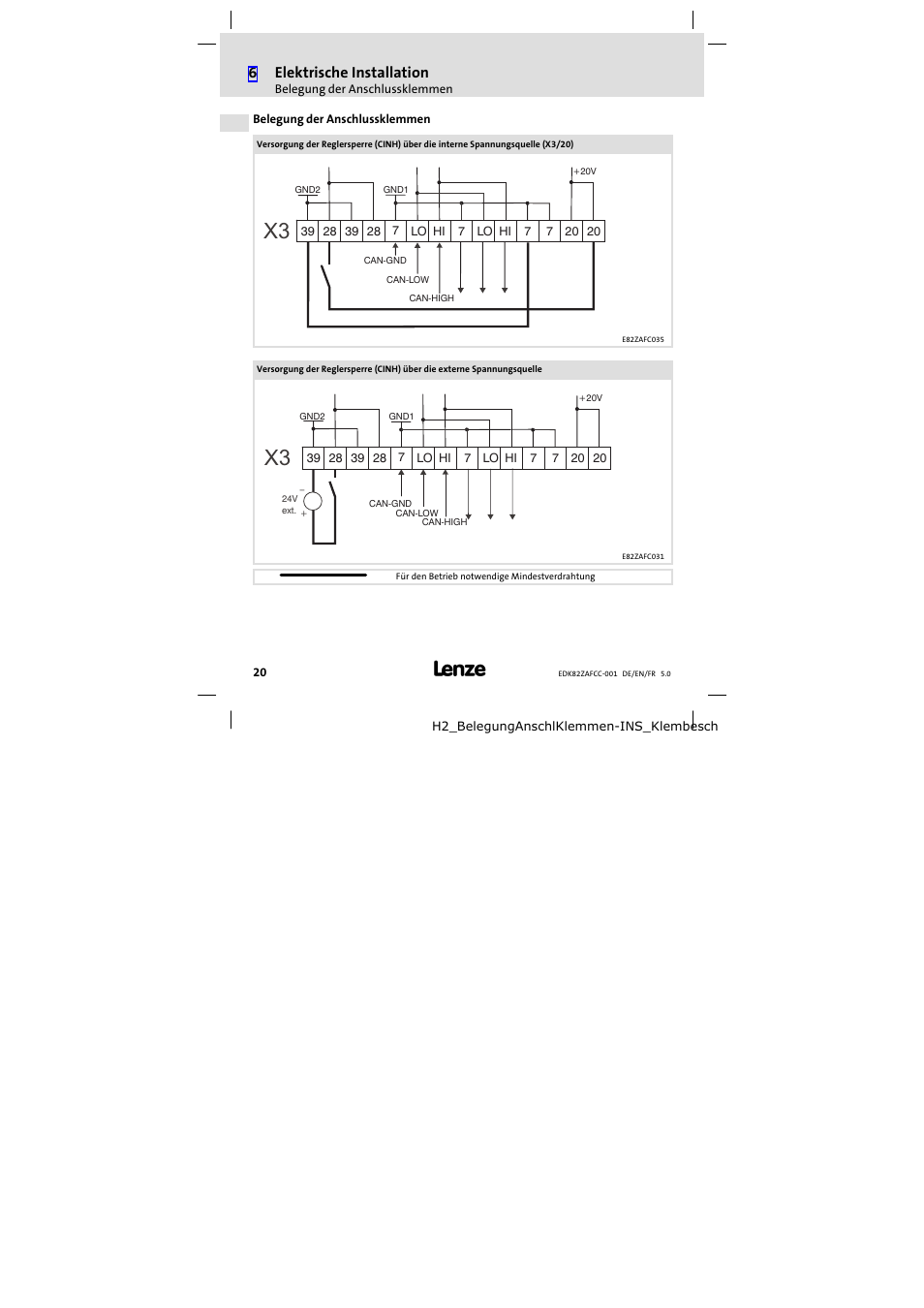 Belegung der anschlussklemmen, 6elektrische installation | Lenze E82ZAFCC001 User Manual | Page 20 / 82