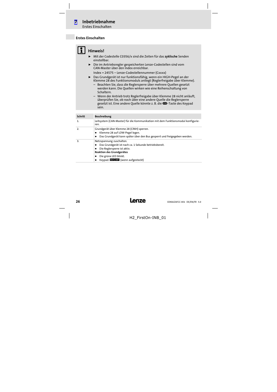Erstes einschalten, 7inbetriebnahme | Lenze E82ZAFCC001 User Manual | Page 26 / 82