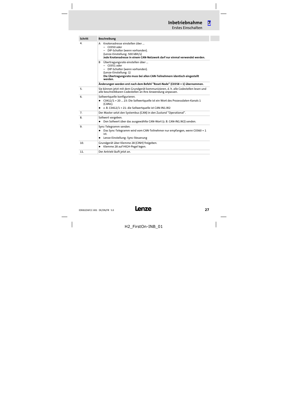 Inbetriebnahme | Lenze E82ZAFCC001 User Manual | Page 27 / 82