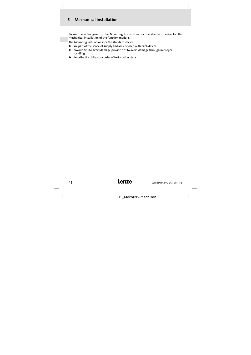 5 mechanical installation, Mechanical installation, 5mechanical installation | Lenze E82ZAFCC001 User Manual | Page 42 / 82