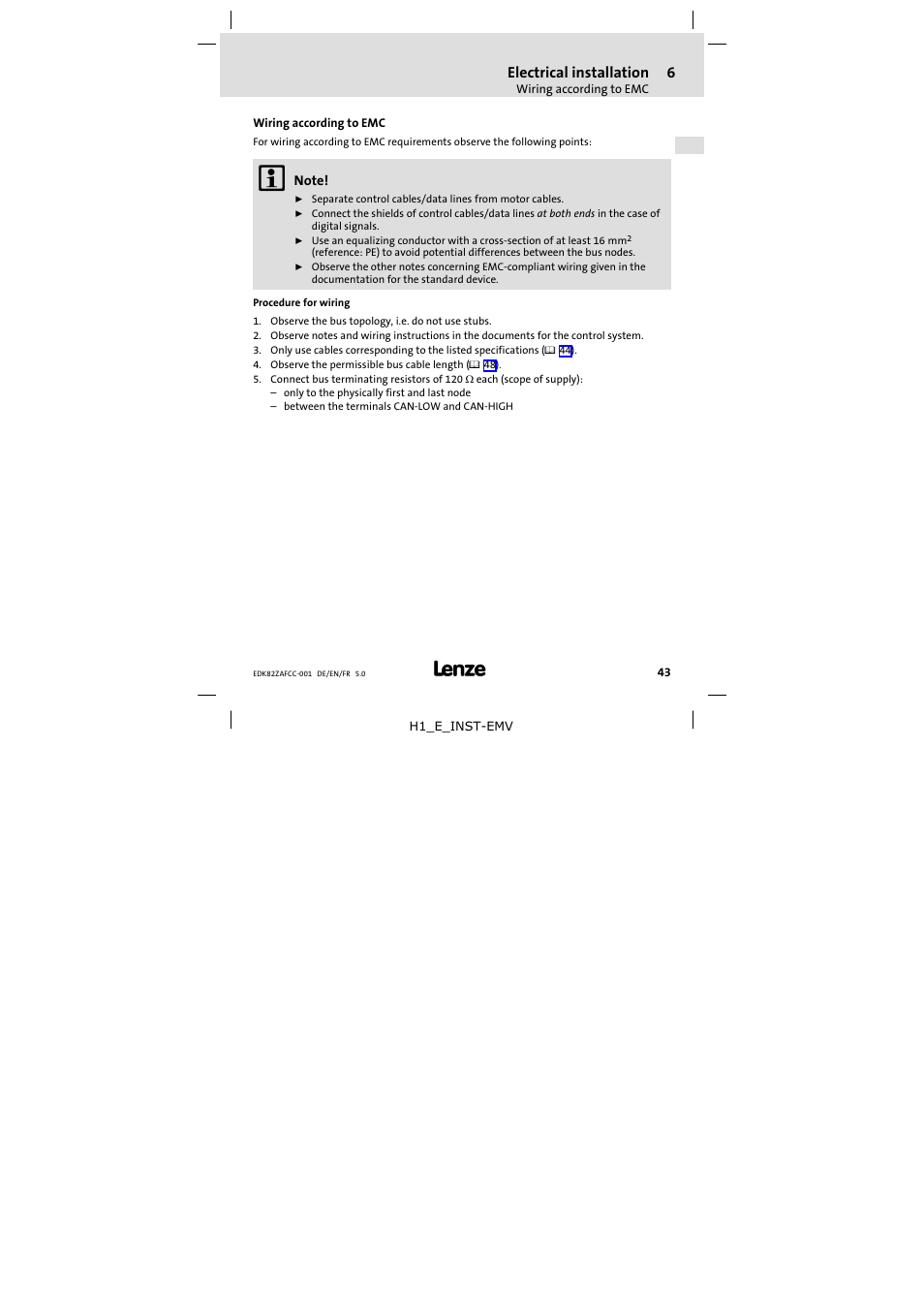 6 electrical installation, Wiring according to emc, Electrical installation | Lenze E82ZAFCC001 User Manual | Page 43 / 82