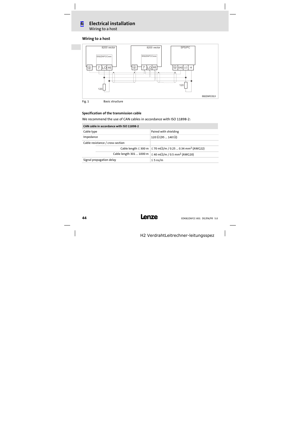 Wiring to a host, 6electrical installation | Lenze E82ZAFCC001 User Manual | Page 44 / 82