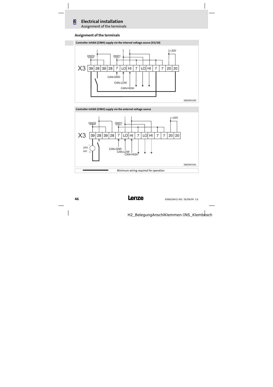 Assignment of the terminals, 6electrical installation | Lenze E82ZAFCC001 User Manual | Page 46 / 82