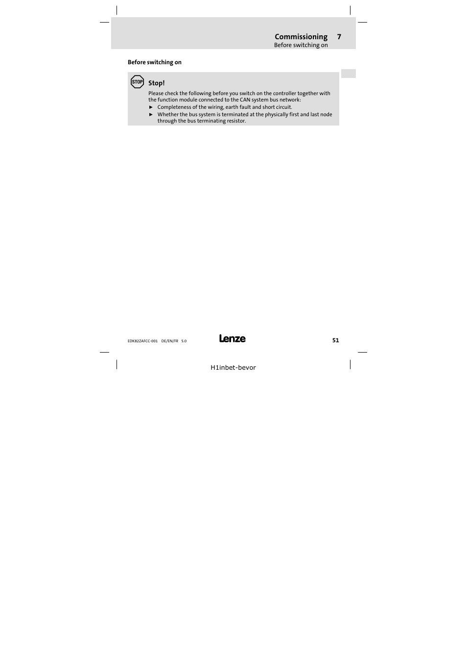 7 commissioning, Before switching on, Commissioning 51 | Lenze E82ZAFCC001 User Manual | Page 51 / 82