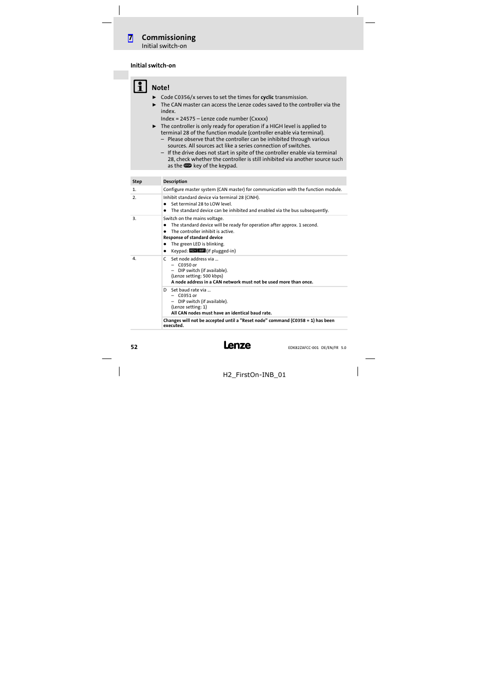 Initial switch-on, Initial switch−on, 7commissioning | Lenze E82ZAFCC001 User Manual | Page 52 / 82