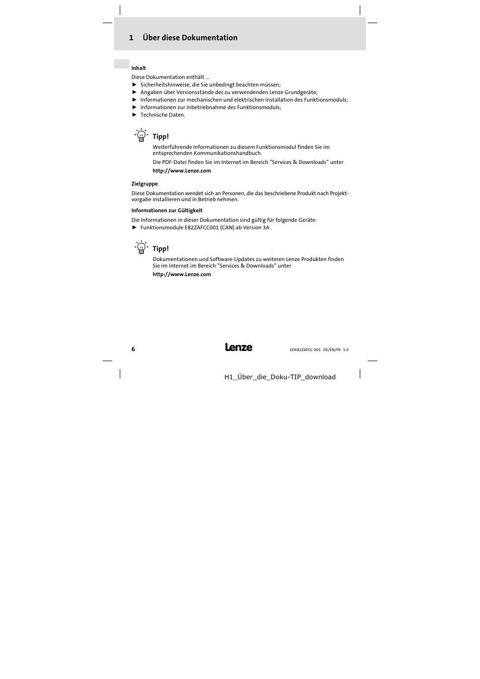 1 über diese dokumentation, Über diese dokumentation | Lenze E82ZAFCC001 User Manual | Page 6 / 82