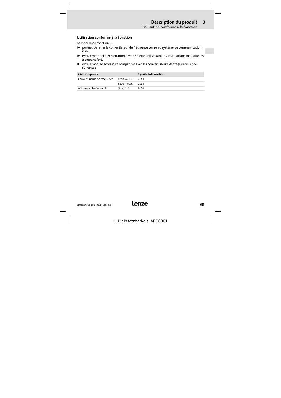 3 description du produit, Utilisation conforme à la fonction, Description du produit | Lenze E82ZAFCC001 User Manual | Page 63 / 82