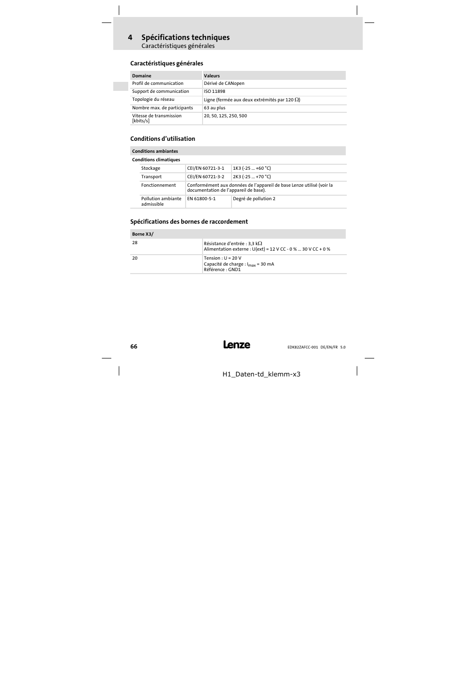 4 spécifications techniques, Caractéristiques générales, Conditions d'utilisation | Spécifications des bornes de raccordement, Spécifications techniques, Conditions d’utilisation, 4spécifications techniques | Lenze E82ZAFCC001 User Manual | Page 66 / 82